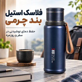 فلاسک استیل دوجداره SHUI 800 میل بند چرمی نگهدارنده دمای گرم و سرد