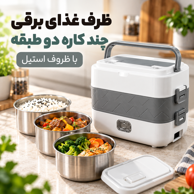 لانچ باکس برقی  ظرف غذای برقی دو طبقه استیل گرمکن دار چندکاره