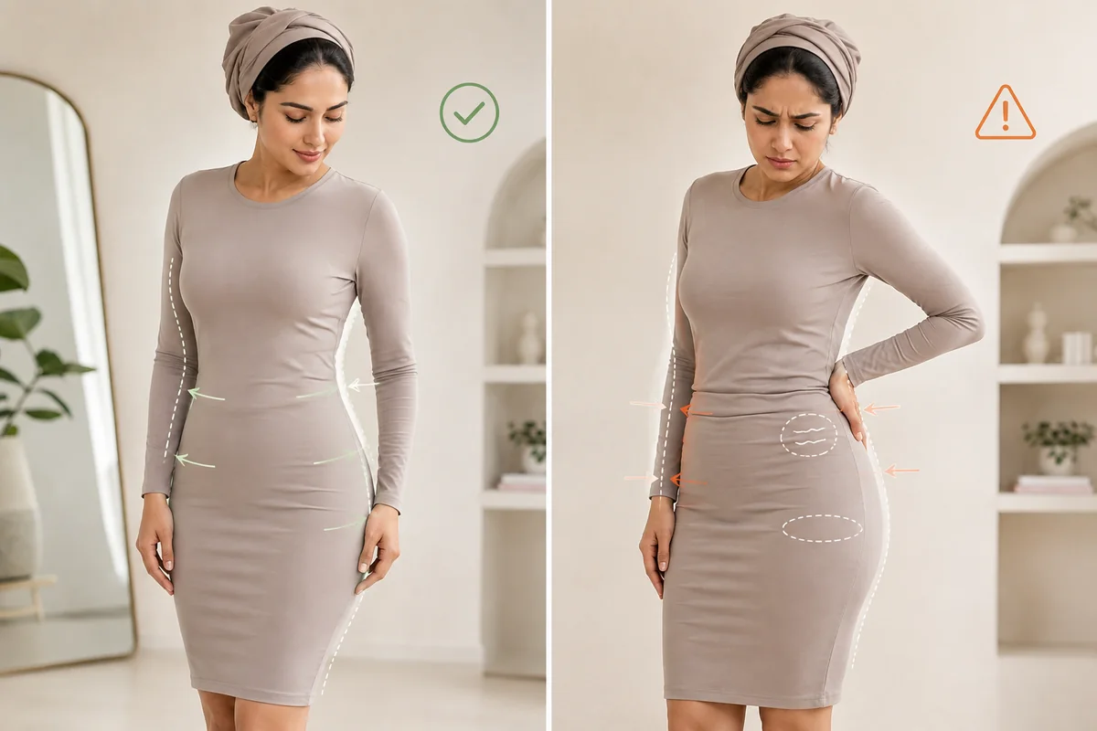 مقایسه فیت صحیح گن زنانه با لول‌شدن و جمع‌شدن پارچه در سایز نامناسب