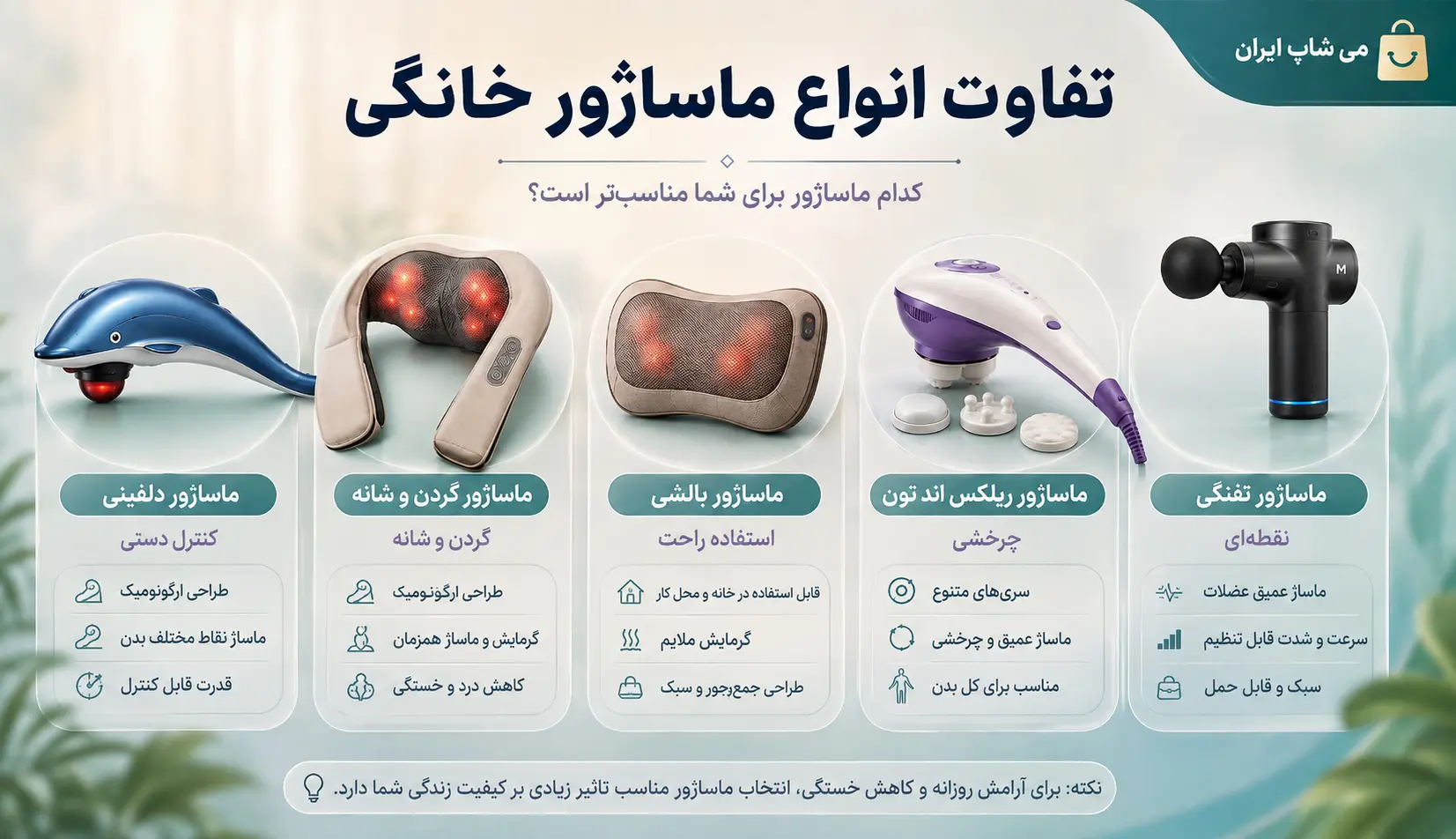 مقایسه ماساژور دلفینی، خرچنگی، بالشی، ریلکس اند تون و ماساژور تفنگی