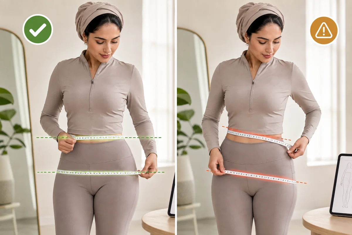 مقایسه جای‌گذاری صحیح و اشتباه متر هنگام اندازه‌گیری دور کمر و باسن