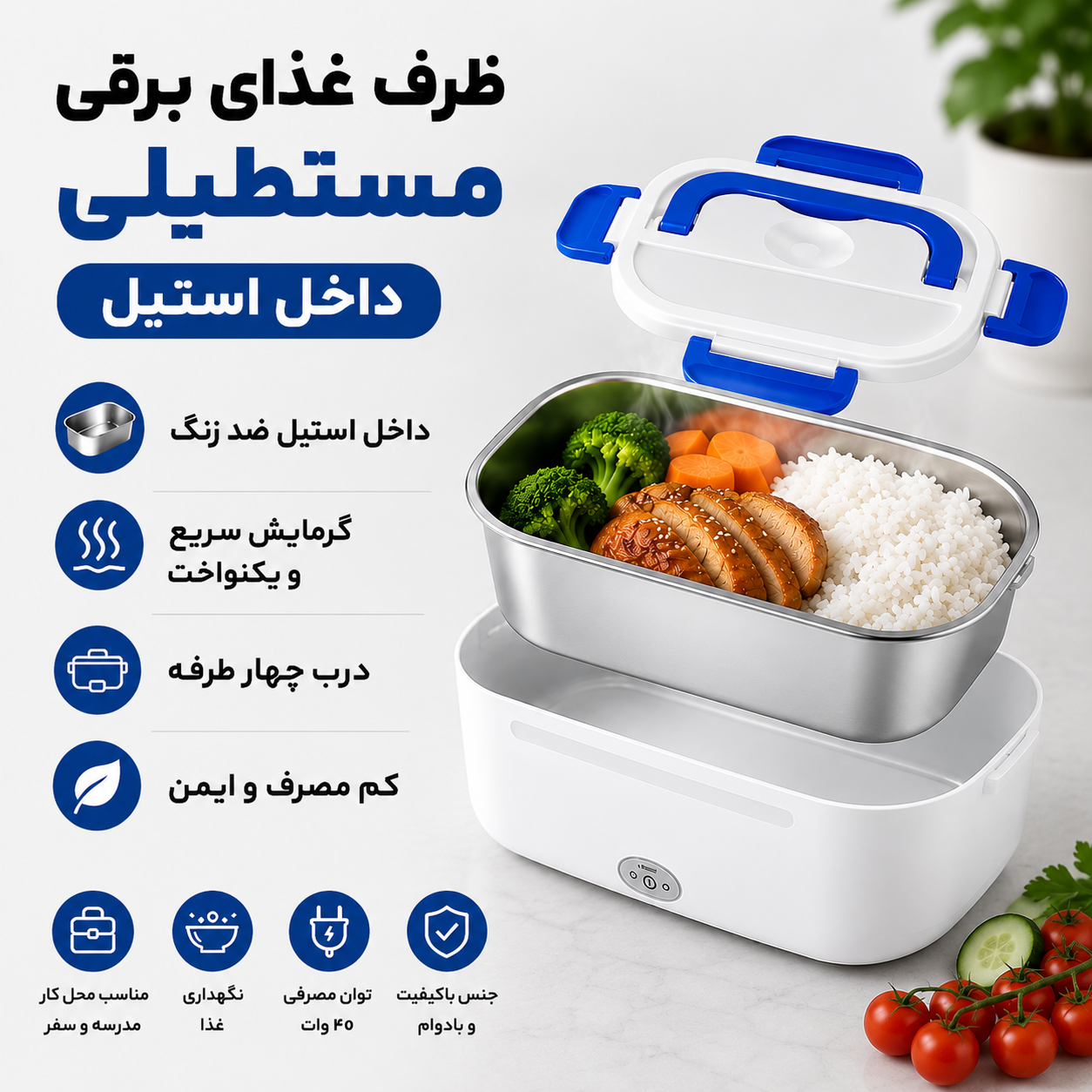 ظرف غذای برقی لانچ باکس استیل مستطیلی با ظرف داخلی جداشونده